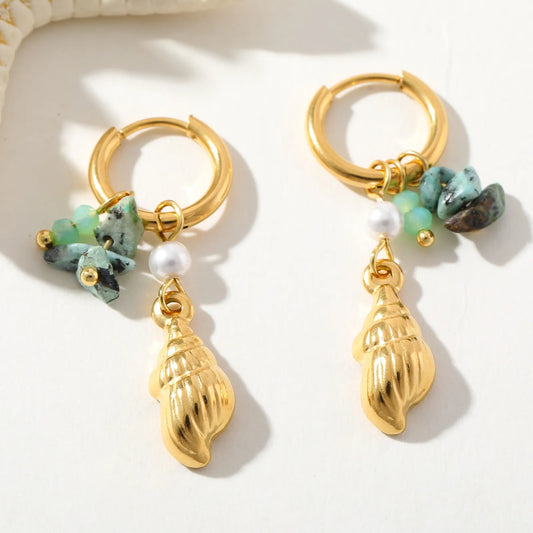 Σκουλαρίκια επιχρυσωμένο ατσάλι με κοχύλια και πράσινες πέτρες - EA789