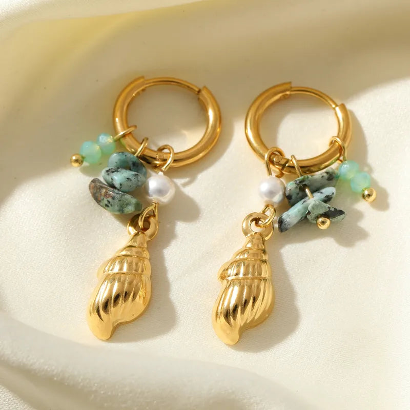 Σκουλαρίκια επιχρυσωμένο ατσάλι με κοχύλια και πράσινες πέτρες - EA789