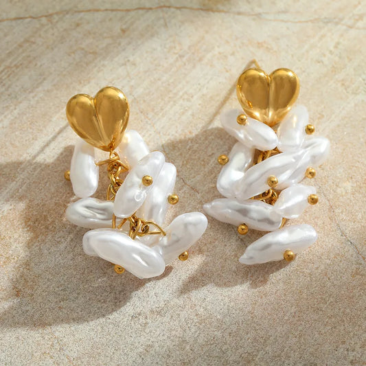 Σκουλαρίκια επιχρυσωμένο ατσάλι με καρδιές και τεχνητά μαργαριτάρια-EA065