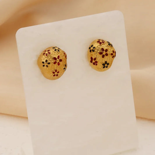 Boucles d'oreilles ovales en acier avec fleurs - w048