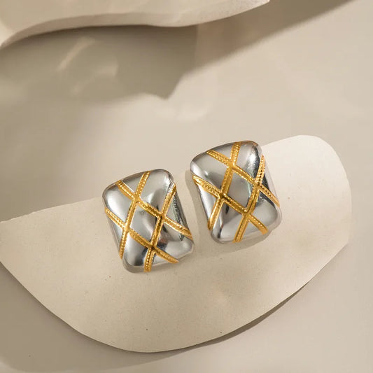 Earrings of steel rectangular gold with silver - EA593