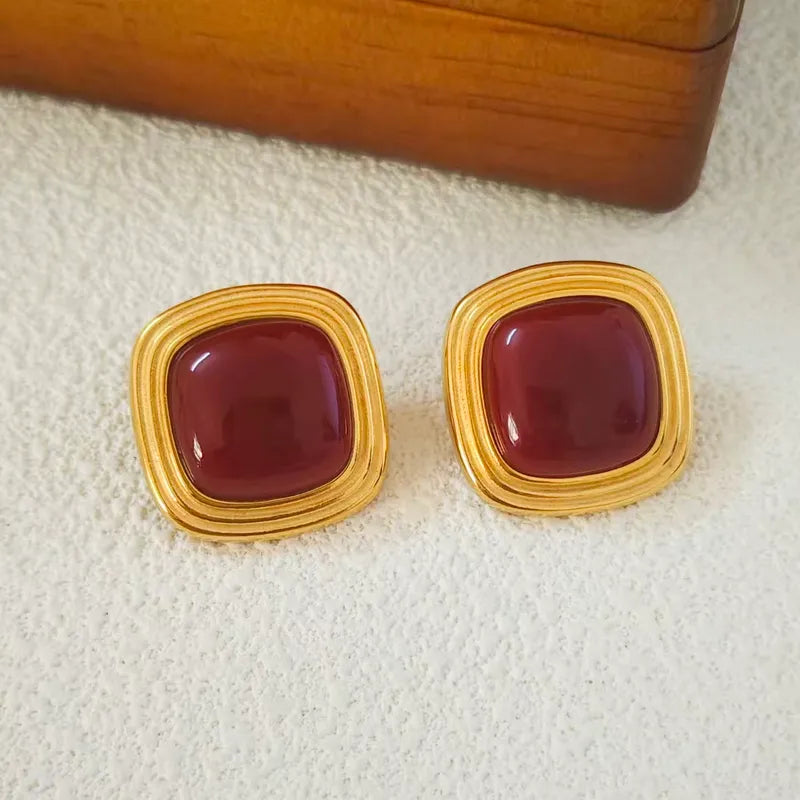 Σκουλαρίκια επιχρυσωμένο ατσάλι τετράγωνα magenta-EA490