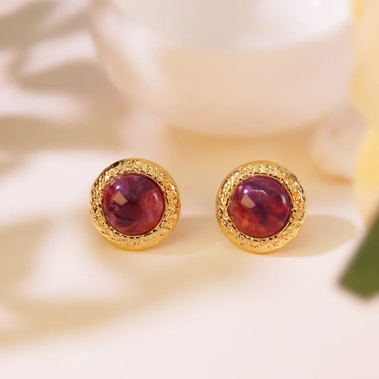 Cercei rotunzi violet din oțel placat cu aur cu cadru auriu-EA447