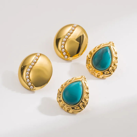 Orecchini in acciaio oro con pietra turchese-EA446