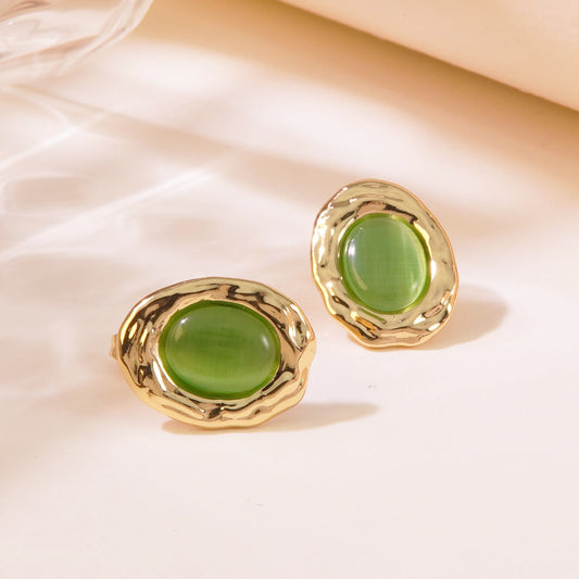 Orecchini dorati con cornice e pietra verde-EA476