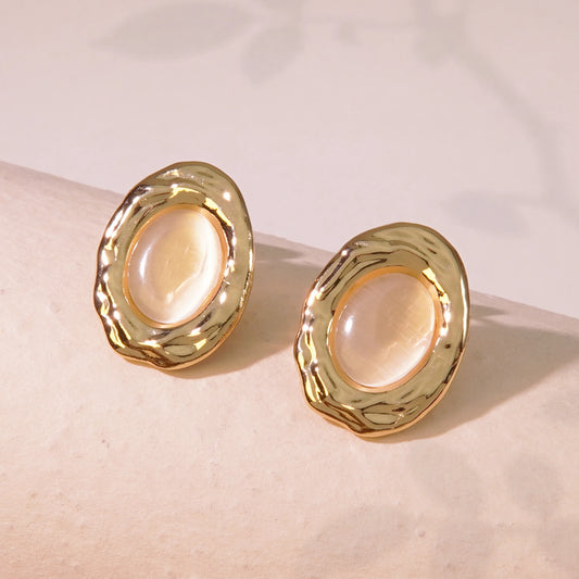 Σκουλαρίκια ατσάλι οβάλ με μπεζ πέτρα-EA321