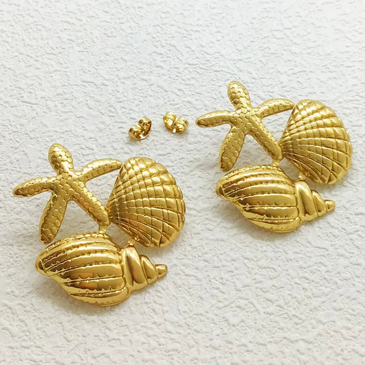 Σκουλαρίκια επιχρυσωμένο ατσάλι κοχύλια και αστερίας καρφωτά- EA769