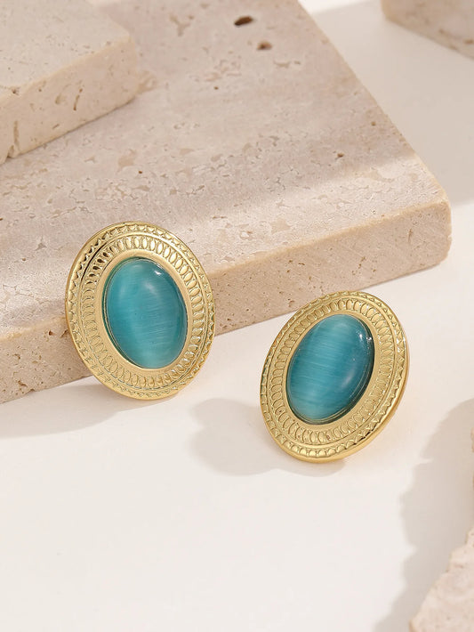 Oval steel earrings with turquoise resin-ea565