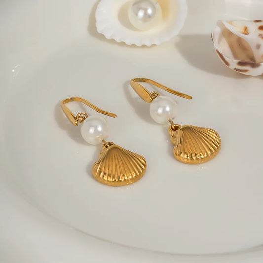 Earrings gilded steel with shells and pearl-ea402