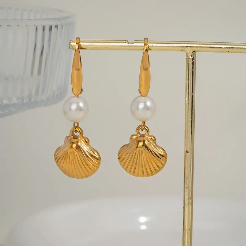 Earrings gilded steel with shells and pearl-ea402