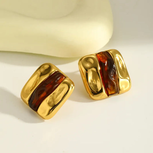 Σκουλαρίκια επιχρυσωμένο ατσάλι με καφέ γέμισμα ρητίνης - EA523