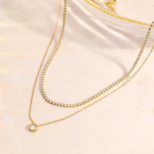 Κολιέ επιχρυσωμένο ατσάλι διπλό με κρύσταλλα-NE474