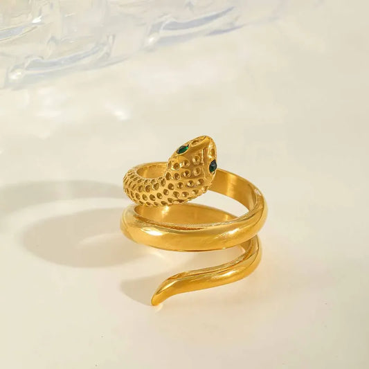 Δαχτυλίδι επιχρυσωμένο ατσάλι φίδι με πράσινο zircon-R070