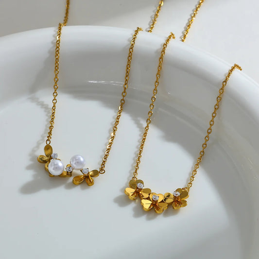 Colier din oțel placat cu aur cu perle și zirconi-NE339