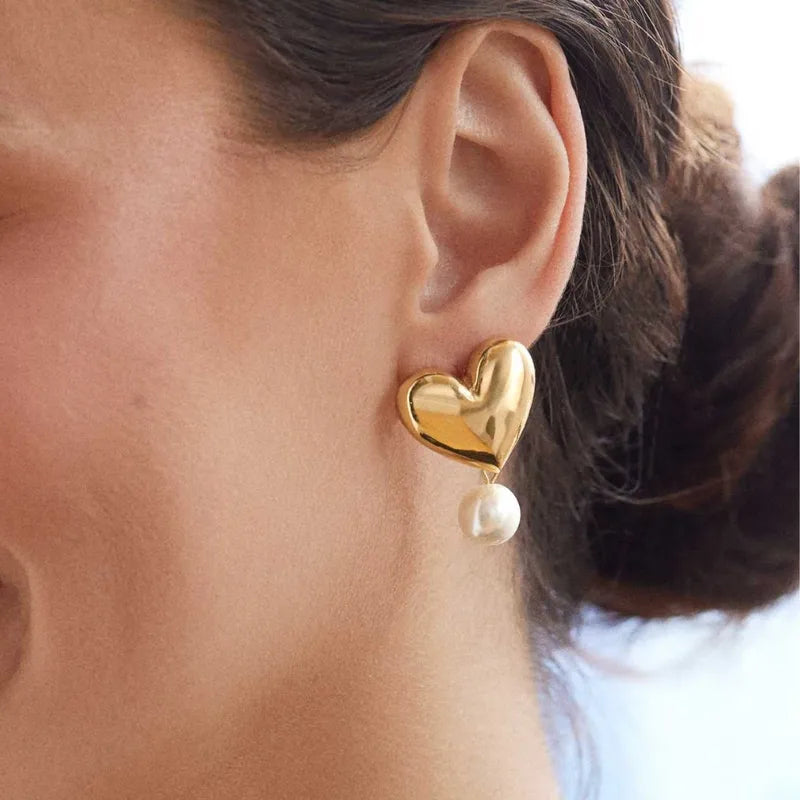 Earrings gilded steel hearts with pearl-ea211