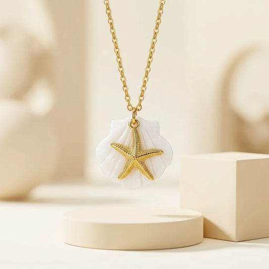 Necklace with blue beads and steel starfish - NE449