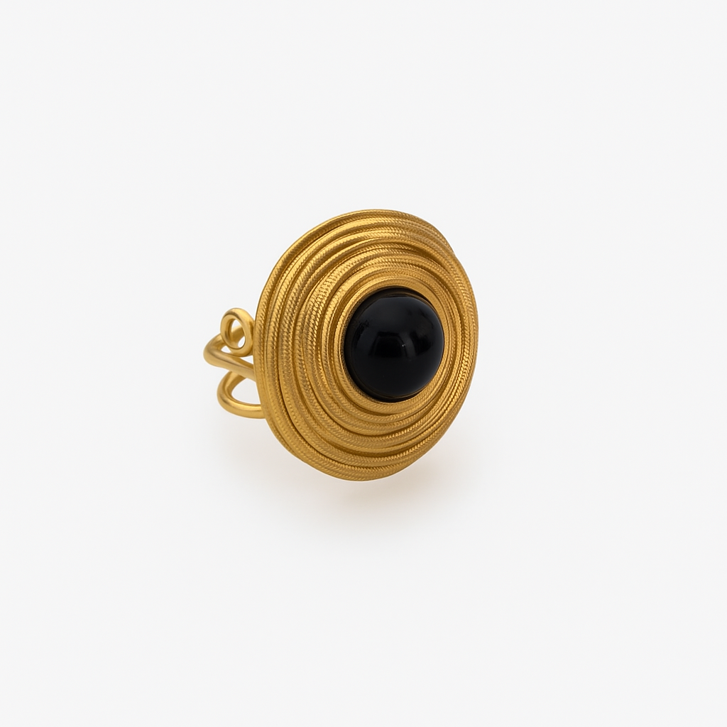 Steel gold ring with black stone - w353