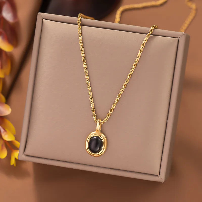 Collier en acier doré avec Agate-Ne008 en pierre ovale noire