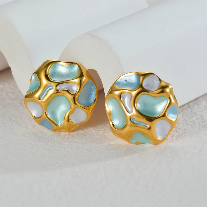 Σκουλαρίκια ατσάλι στρόγγυλα με γαλάζιες γούβες-EA249