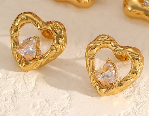 *Σκουλαρίκια επιχρυσωμένο ατσάλι καρδιά με κρύσταλλα-EA598