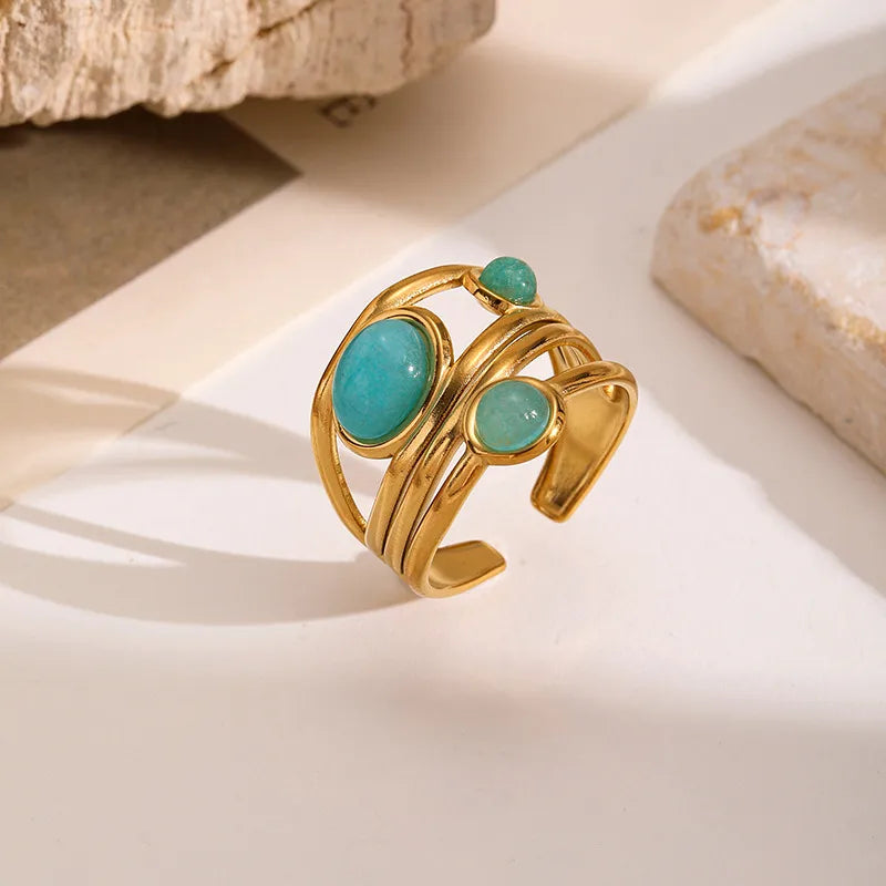 Gold-plated steel ring with turquoise stones-R046