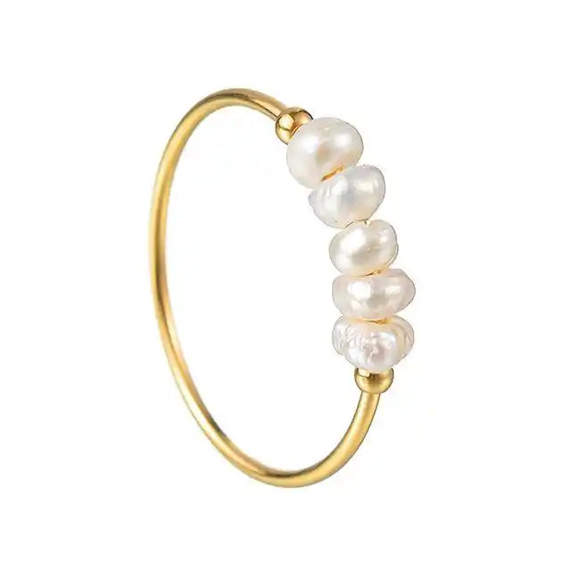 Thin steel ring with pearls - R104