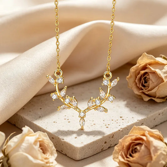 Steel gold necklace with branches and zircon - NE725