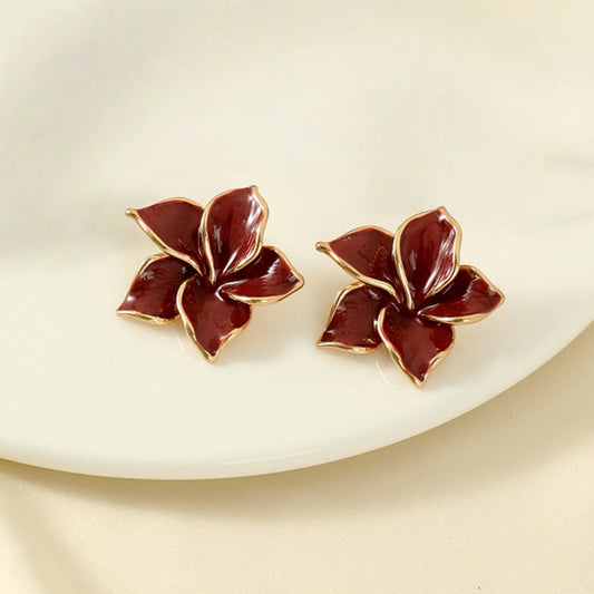 Σκουλαρίκια επιχρυσωμένο ατσάλι λουλούδια μπουργουνδί-EA548
