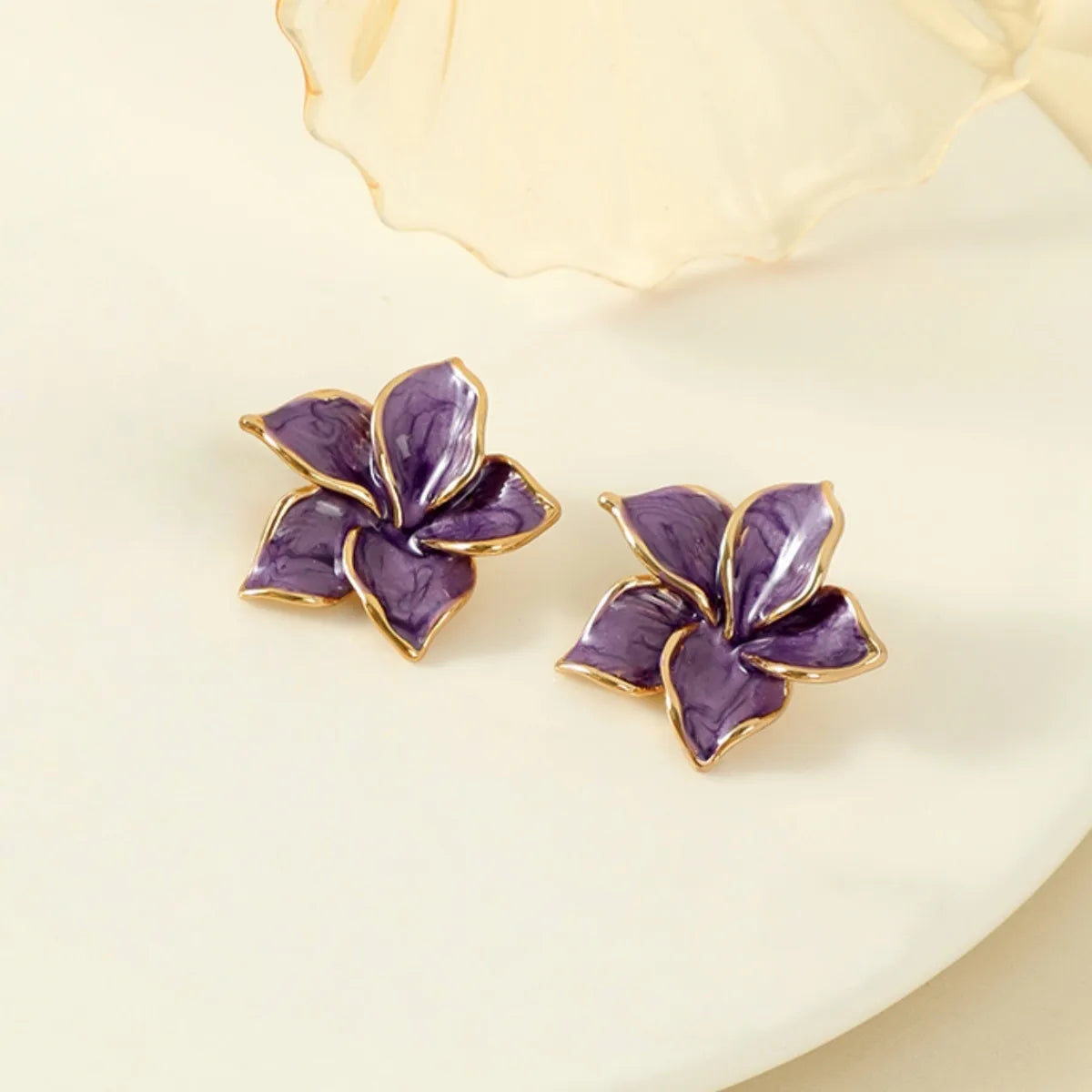 Cercei din oțel placat cu aur, flori mov-EA820