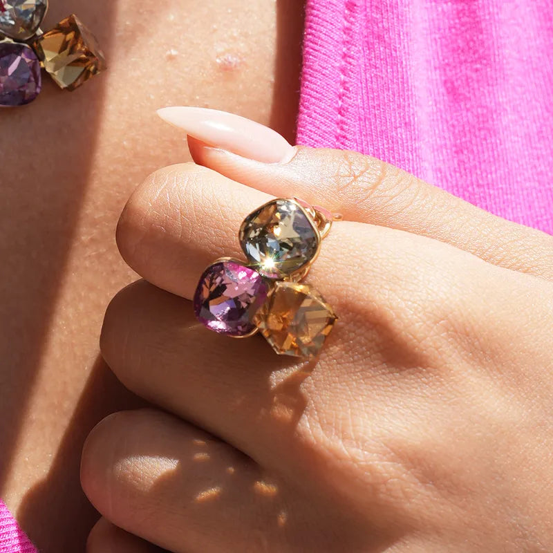 Steel gold ring with crystals - R238