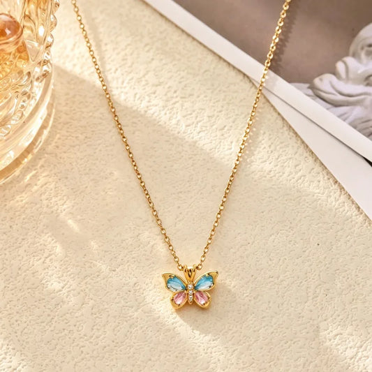 Butterfly steel necklace with blue and pink zircons- NE487