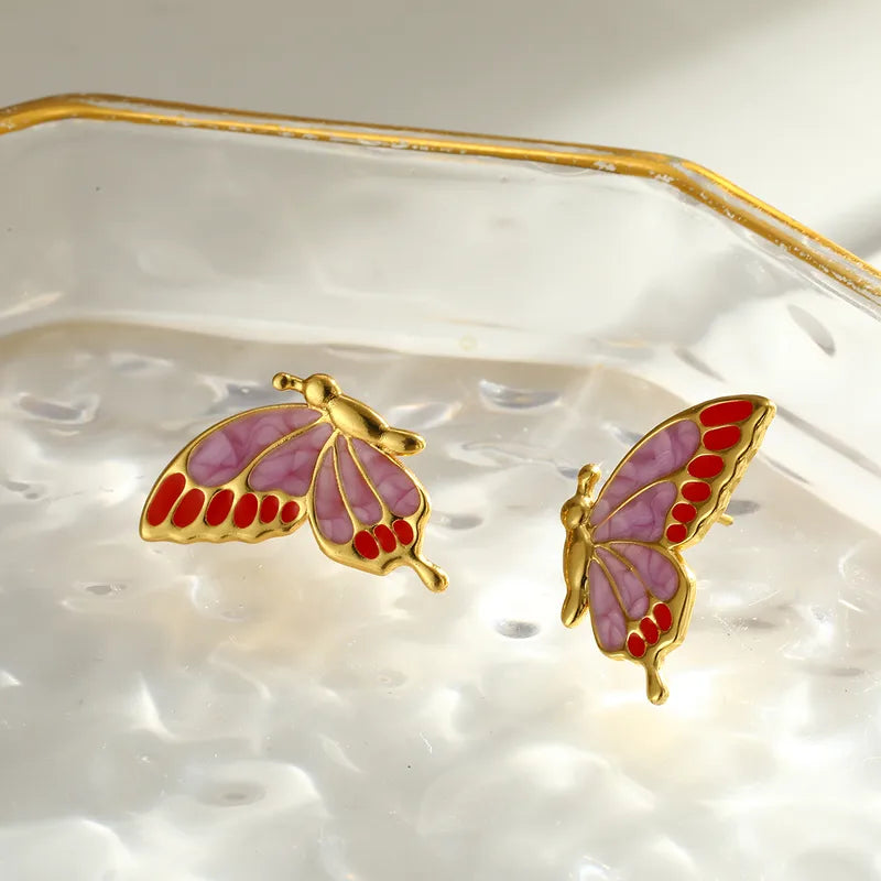 Σκουλαρίκια επιχρυσωμένο ατσάλι πεταλούδες με ροζ σμάλτο - EA058