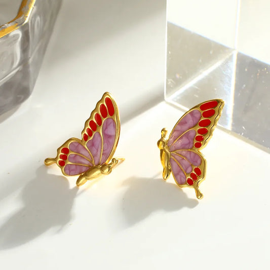 Σκουλαρίκια επιχρυσωμένο ατσάλι πεταλούδες με ροζ σμάλτο - EA058