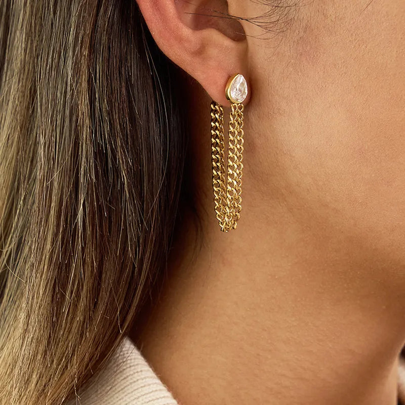 Σκουλαρίκια επιχρυσωμένο ατσάλι με αλυσίδα και zircon-EA637