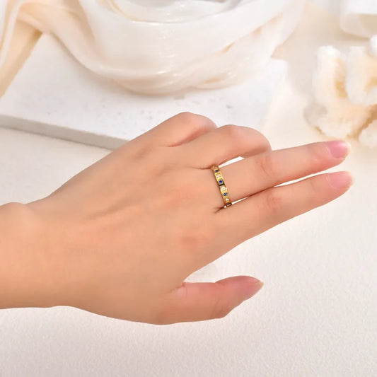 Inel din oțel placat cu aur cu zirconiu albastru și argintiu-R010