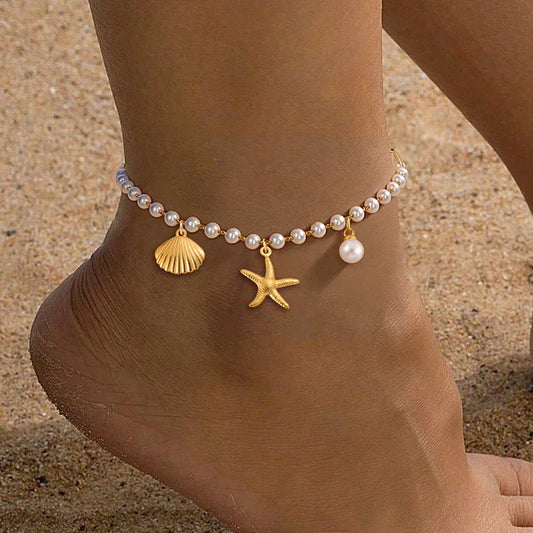 Βραχιόλι ποδιού με πέρλες, αστερία και κοχύλι - an055