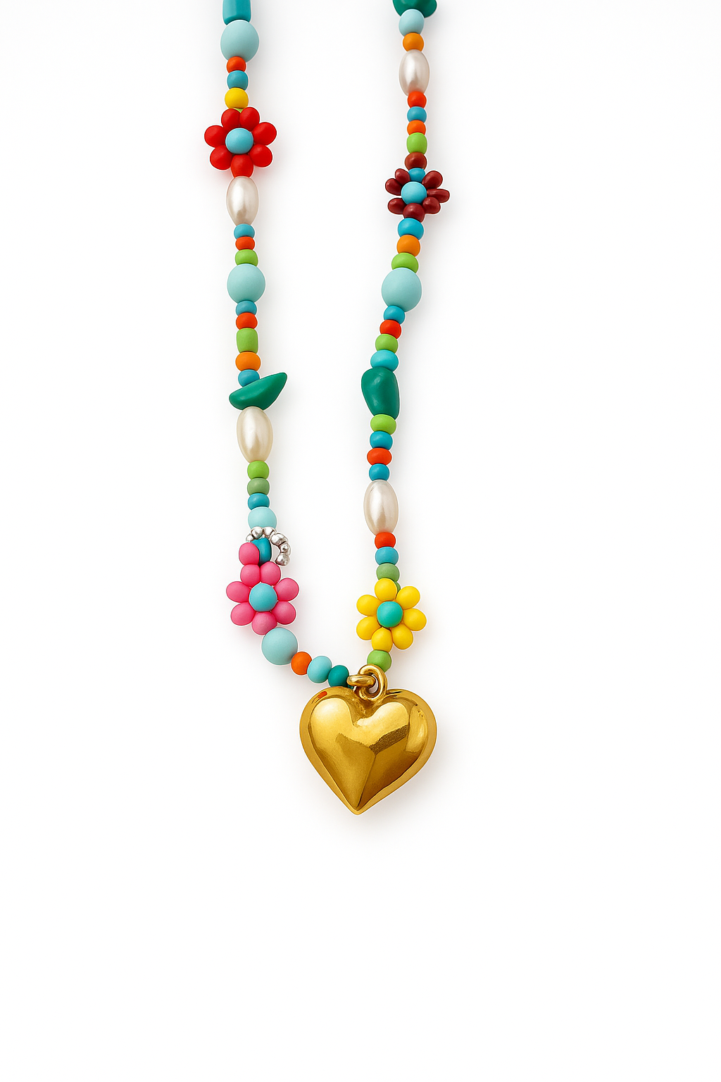 Necklace with colorful beads and heart - w316