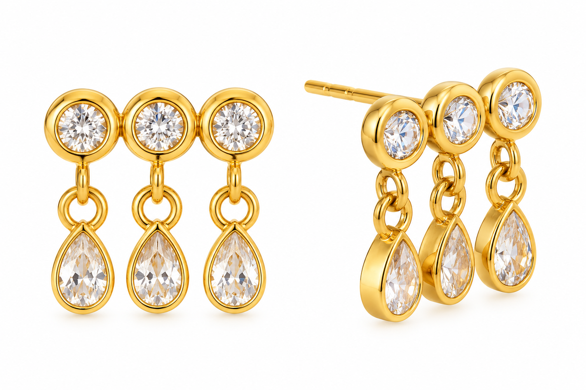 Boucles d'oreilles acier doré avec zircons pendants - EA006