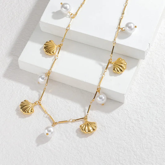 Κολιέ ατσάλινο με κοχύλια και πέρλες - ne603