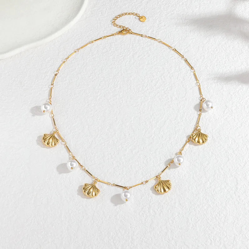 Κολιέ ατσάλινο με κοχύλια και πέρλες - ne603