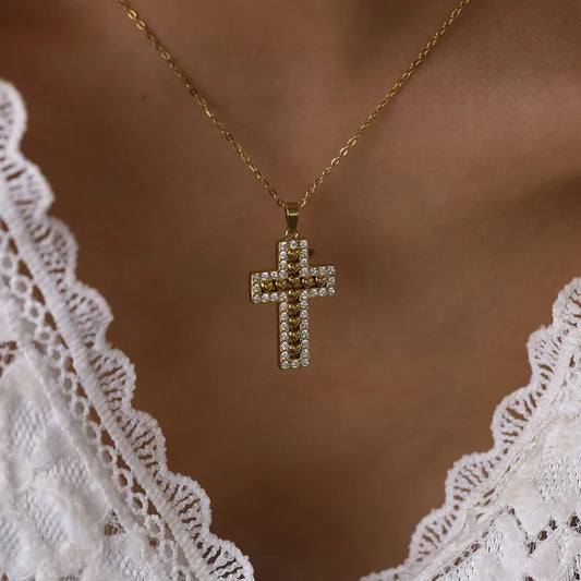 Κολιέ επιχρυσωμένο ατσάλι με σταυρό και zircon-NE446