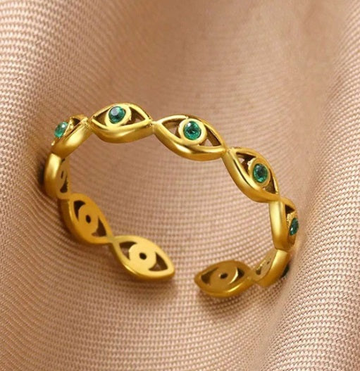 Δαχτυλίδι επιχρυσωμένο ατσάλι μάτια με πράσινα zircon-R211