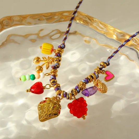 Κολιέ ατσάλινο με κορδόνι και φρούτα - ne658