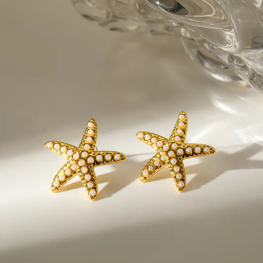 Σκουλαρίκια ατσάλινοι αστερίες με πέρλες -EA124