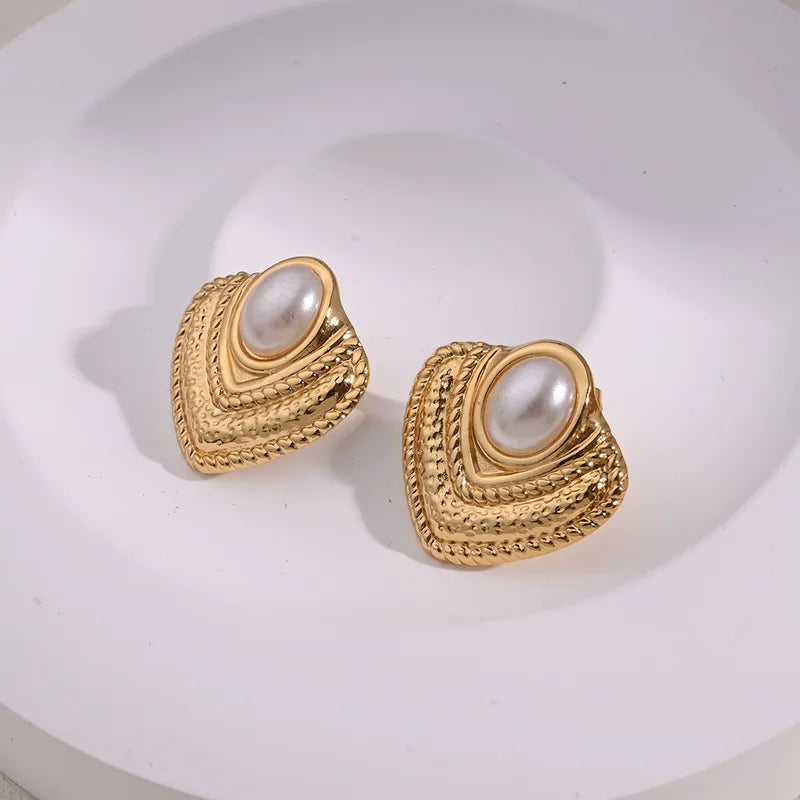 Earrings Golded Triangle Steel with White Stone-EA028