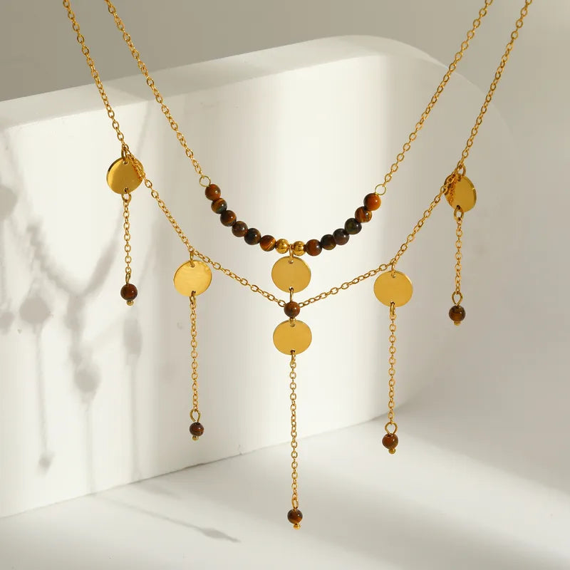 Κολιέ επιχρυσωμένο ατσάλι διπλό με καφέ πέτρες-NE016