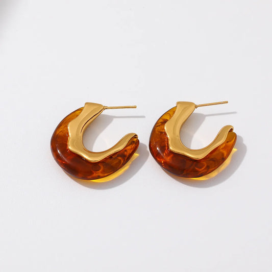 Σκουλαρίκια επιχρυσωμένο ατσάλι κρίκοι με ρητίνη καφέ - EA465