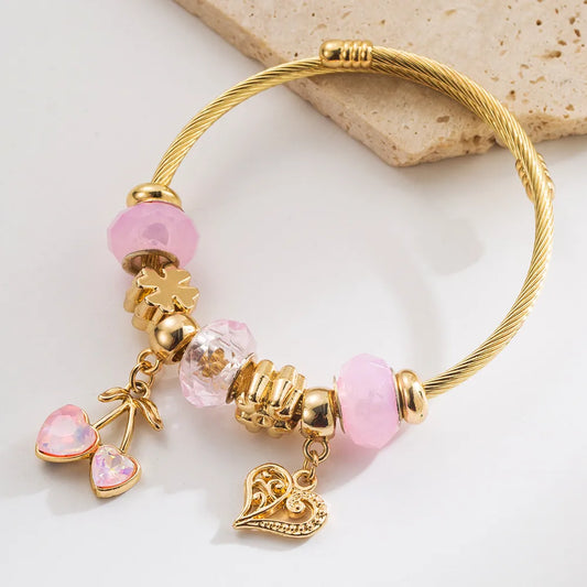 Βραχιόλι ατσάλι με ροζ charms-BR072