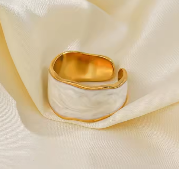 Anneau d'or large large avec de l'émail blanc-R013
