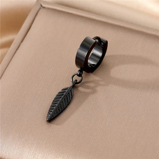 *Cercel unic 1 bucată frunză de oțel neagră-EA163